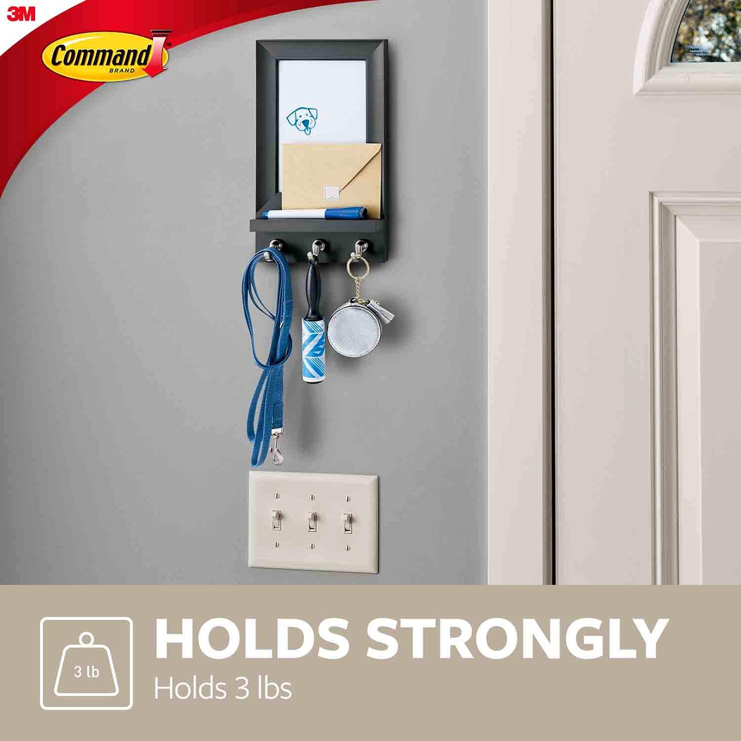 Command Dry Erase Message Center, Slate, 1-Message Center with 3 Key Hooks, 8-Medium Strips, Organize Damage-Free
