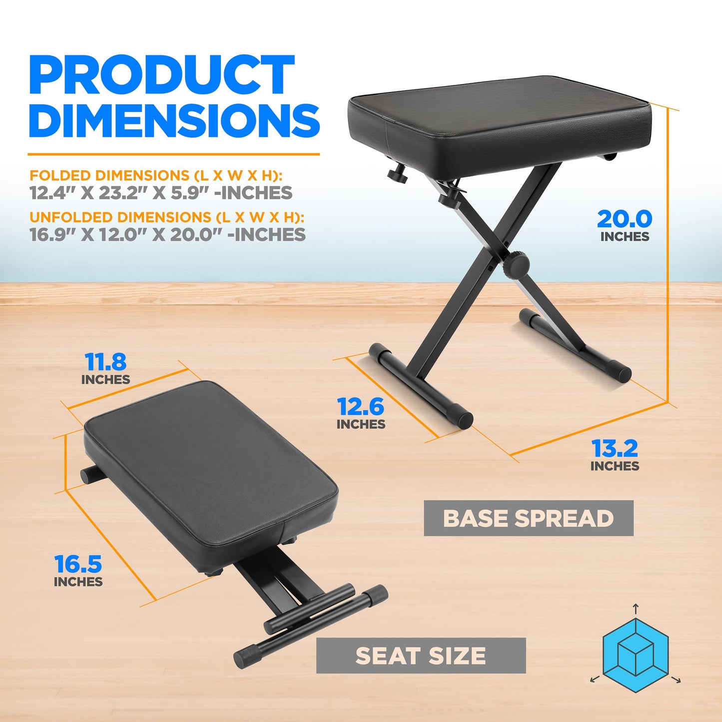 Pyle Adjustable Keyboard/Piano Bench, Padded X Style Bench, Foldable Collapsible Musician Stool with Non-Slip Rubber Feet, 3 Height Positions- for Musicians, Players & Performers-Adults, Teens, Kids