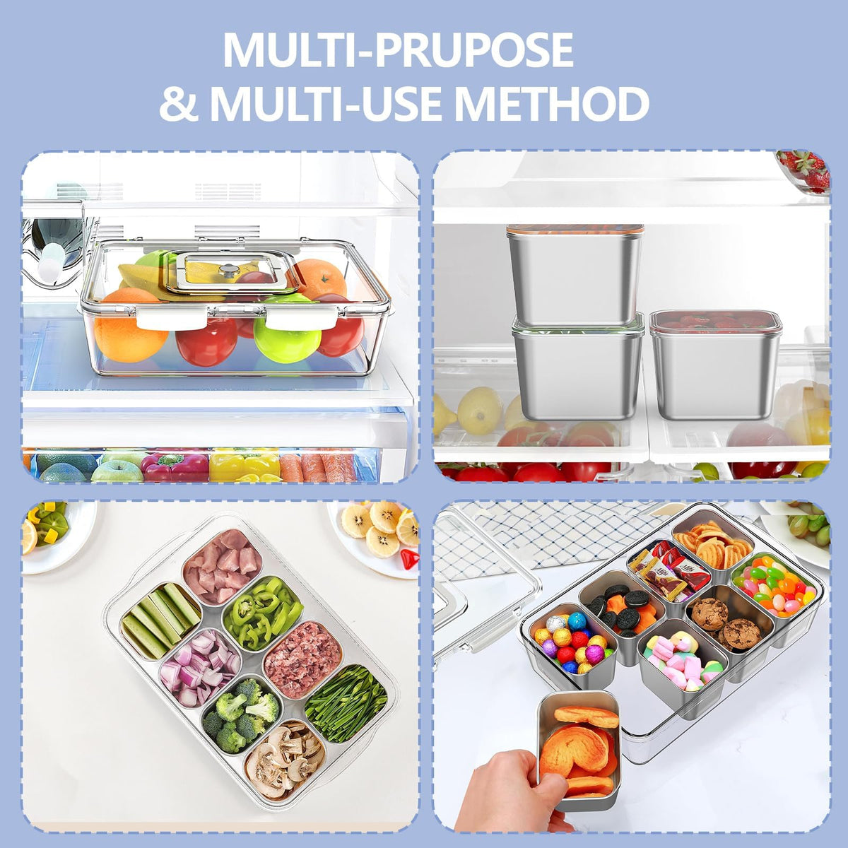 1pcs Snackle Box Container, Stainless Steel Divided Serving Tray with Lid and Handle, 8 Compartment Portable Snack Platters - Leak-Proof for Fruit Candy Nuts Veggie - Perfect for Travel Party