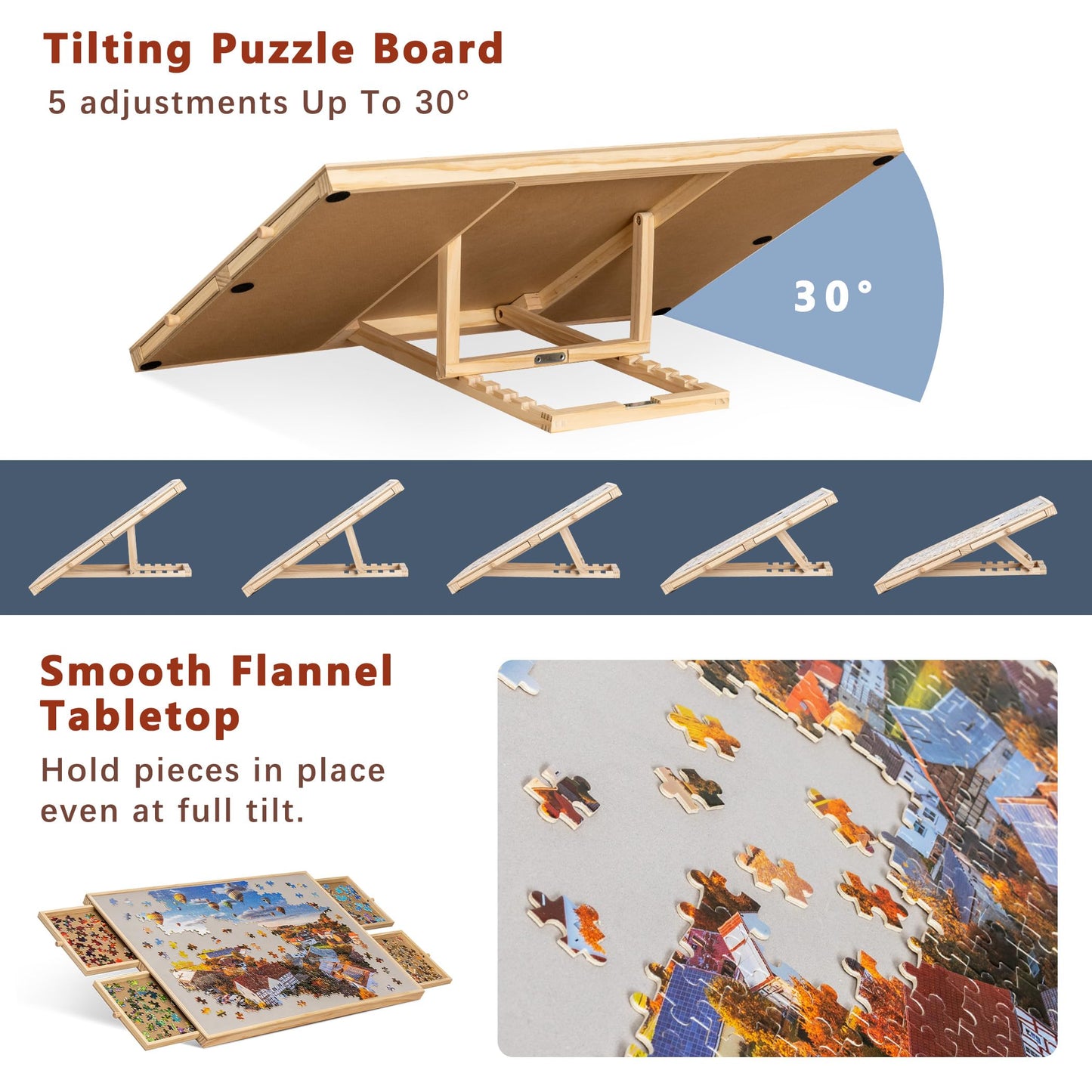 Becko US 1000-Pc Tilting Jigsaw Puzzle Board with 4 Colorful Drawers & Cover, Adjustable Puzzle Table with Built-in Easel/Stand, Portable Tables with Storage for Adults, with Premium Flannel Tabletop