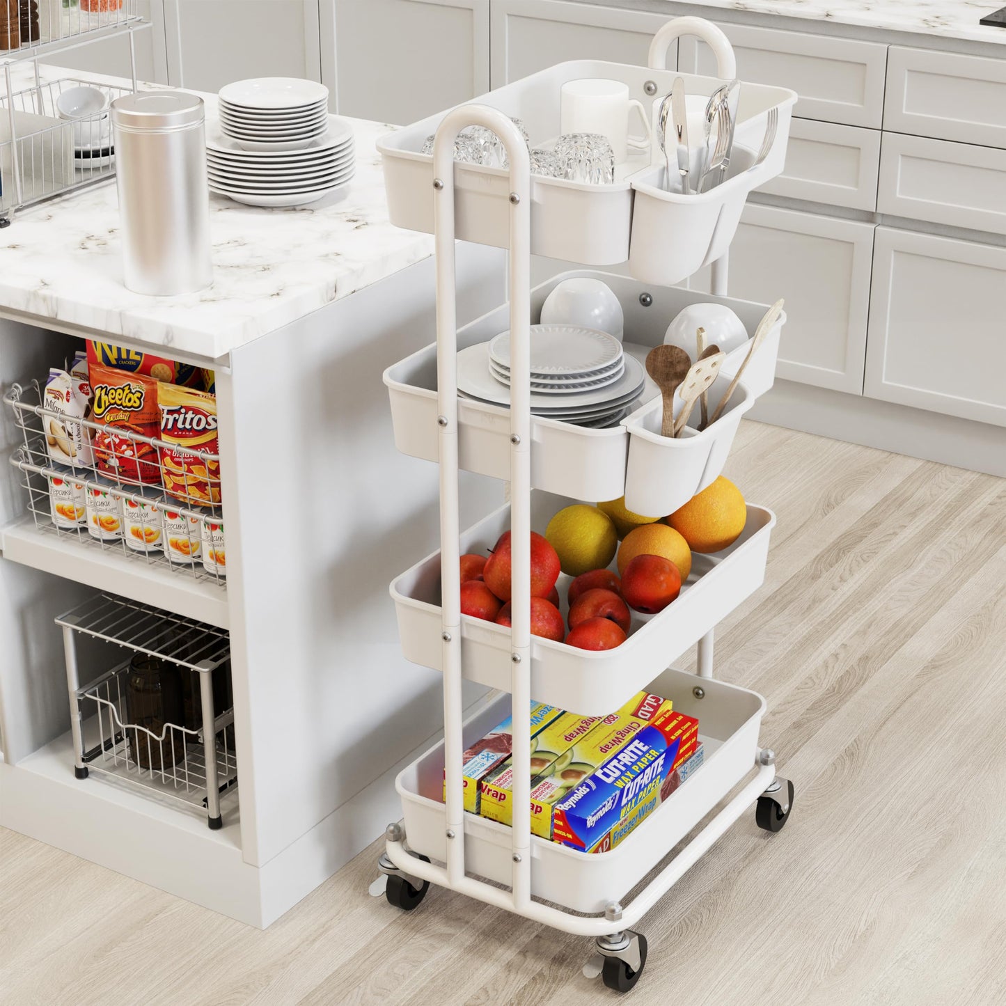 Simple Houseware 4-Tier Rolling Utility Cart with Hanging Buckets, White