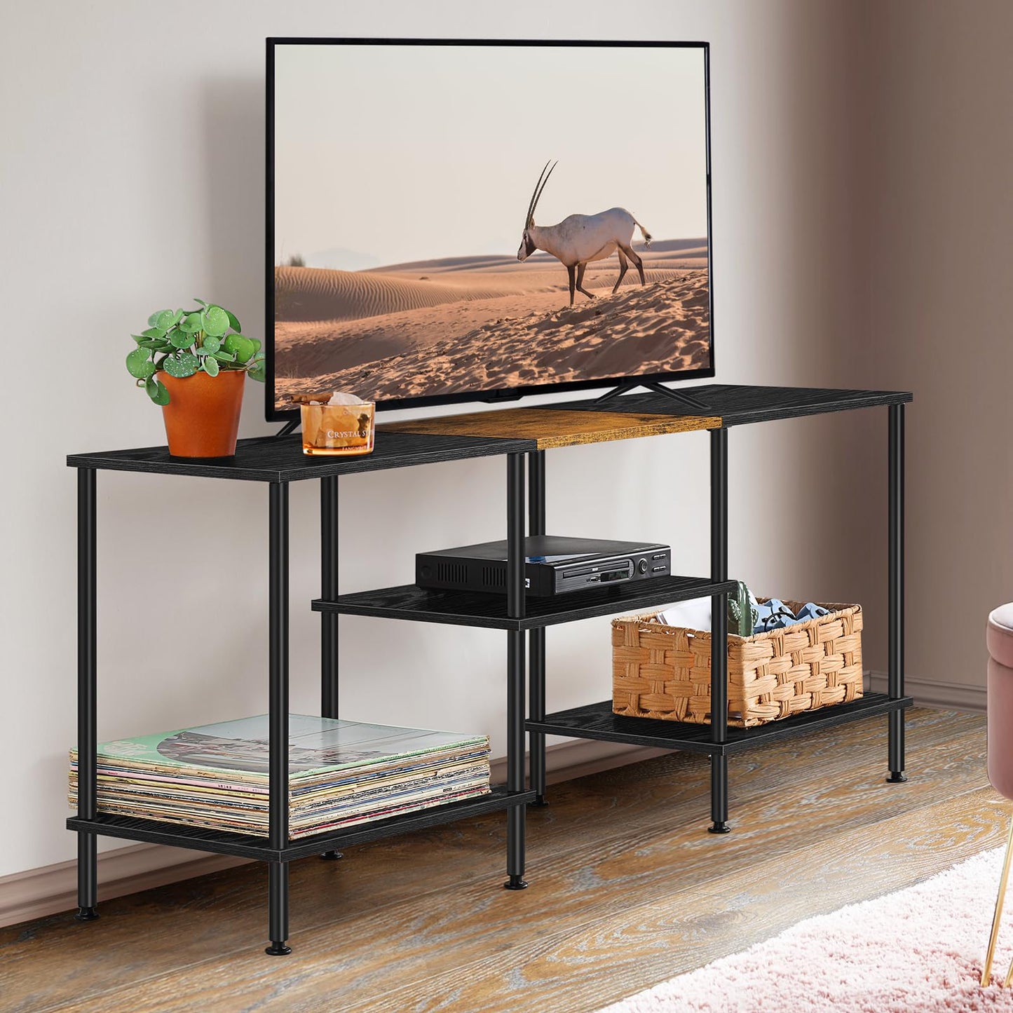 BTY 50 inch TV Stand 3 Tier Entertainment Center with Storage Shelves Small Tall Television Console Table with Metal Frame, Industrial TV Cabinet for Living Room Bedroom, Black