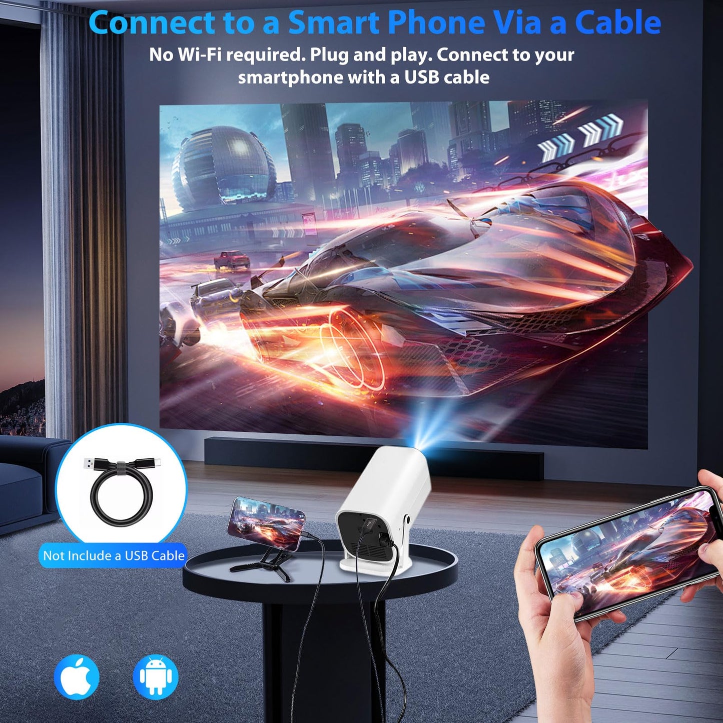 Mini Portable Projector (Built-in Speaker and Bluetooth 5.3), Video Projector for iPhone, Compatible with 4K, 1080P Movie Projector, Supports Smartphones/Video Games/TV stick/PS5/Computers/HDMI/USB