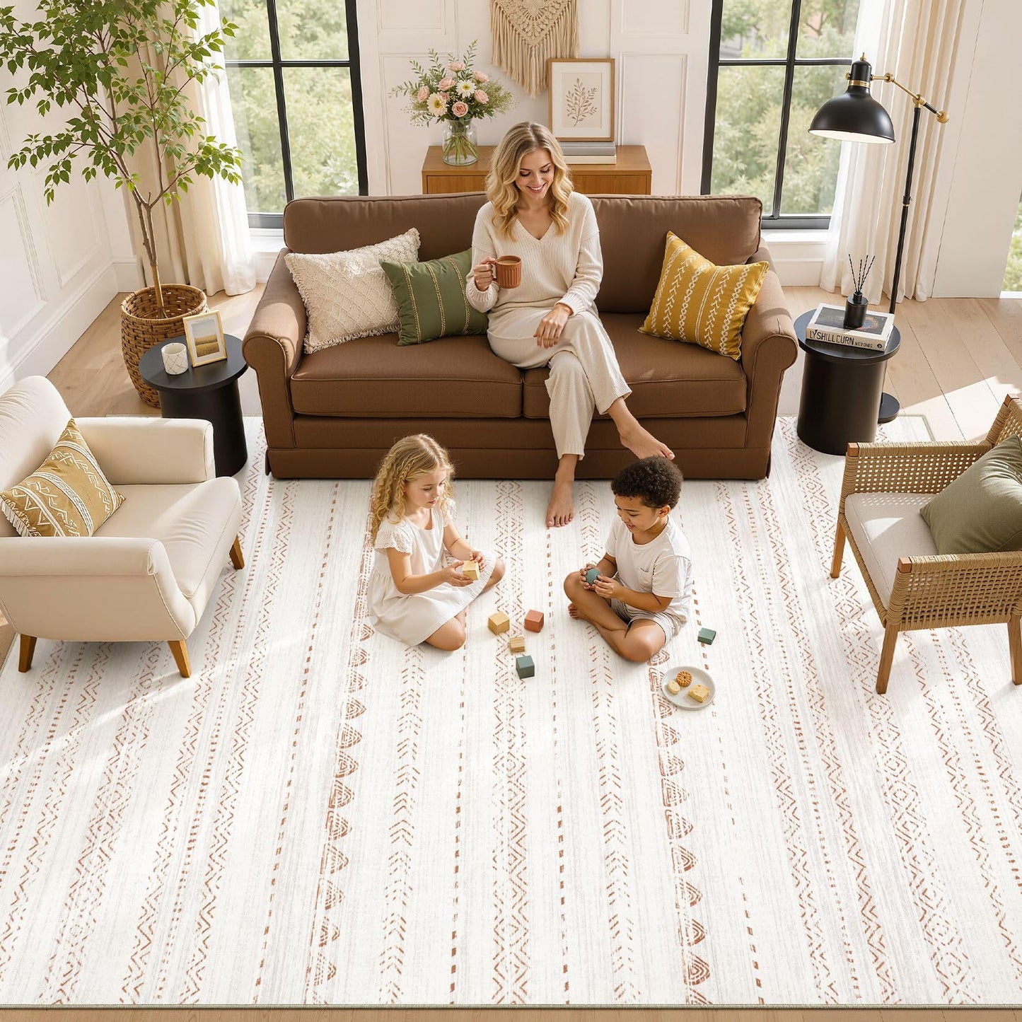 Nakagishi Area Rug Living Room Rugs: 5x7 Washable Boho Large Neutral Farmhouse Soft Moroccan Stain Resistant Indoor Carpet for Bedroom Nursery Kids Playroom Office Dining Room Home House Decor- Brown