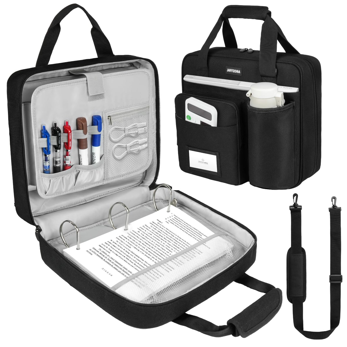 Zipper Binder 3 Ring with Shoulder Strap, 700 Sheets Capacity 3 Inch Binder with Zipper Fits 13 Inch Laptop for School and Office, Black