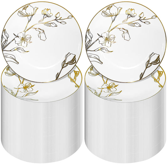 150 Pcs White Plastic Plates with Gold Floral Antique Design, 7.5 Inch Round Disposable Dinner Plates Heavyweight Dessert Plates for Wedding Birthday Party Bridal Shower