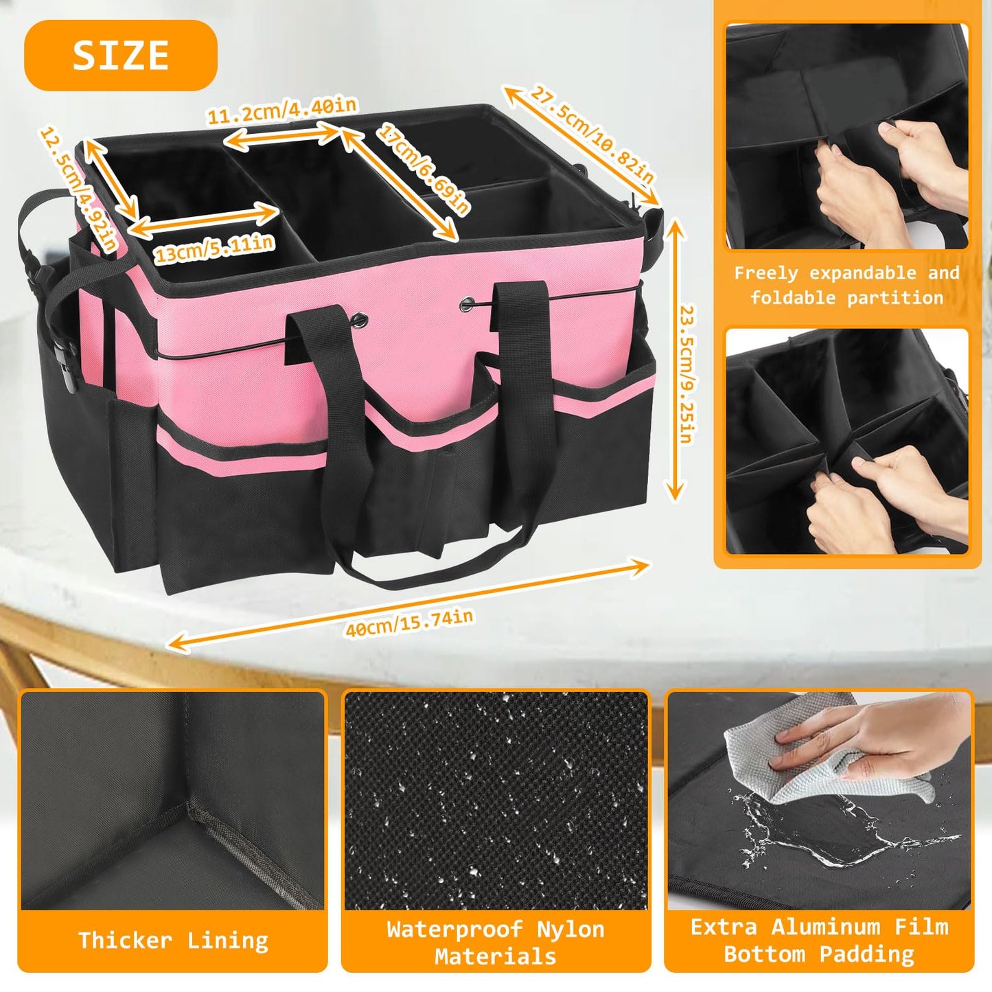 Cleaning Caddy Bag with Handle & Shoulder Straps, Large Cleaning Supplies Organizer Cleaning Tools Bag for Housekeeping and Cleaners Car Storage (Pink)