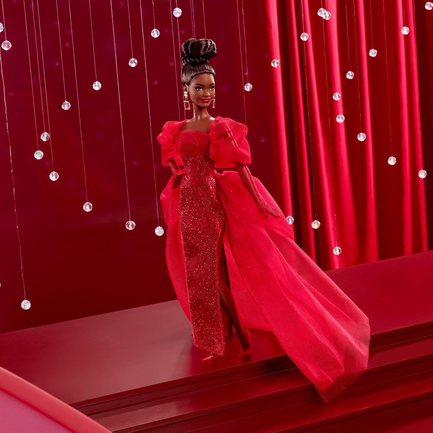 Barbie Signature Doll, Mattel 80th Anniversary Collectible in Glittery Red Tulle Gown with Drop Earrings and Sheer Gloves, Brunette