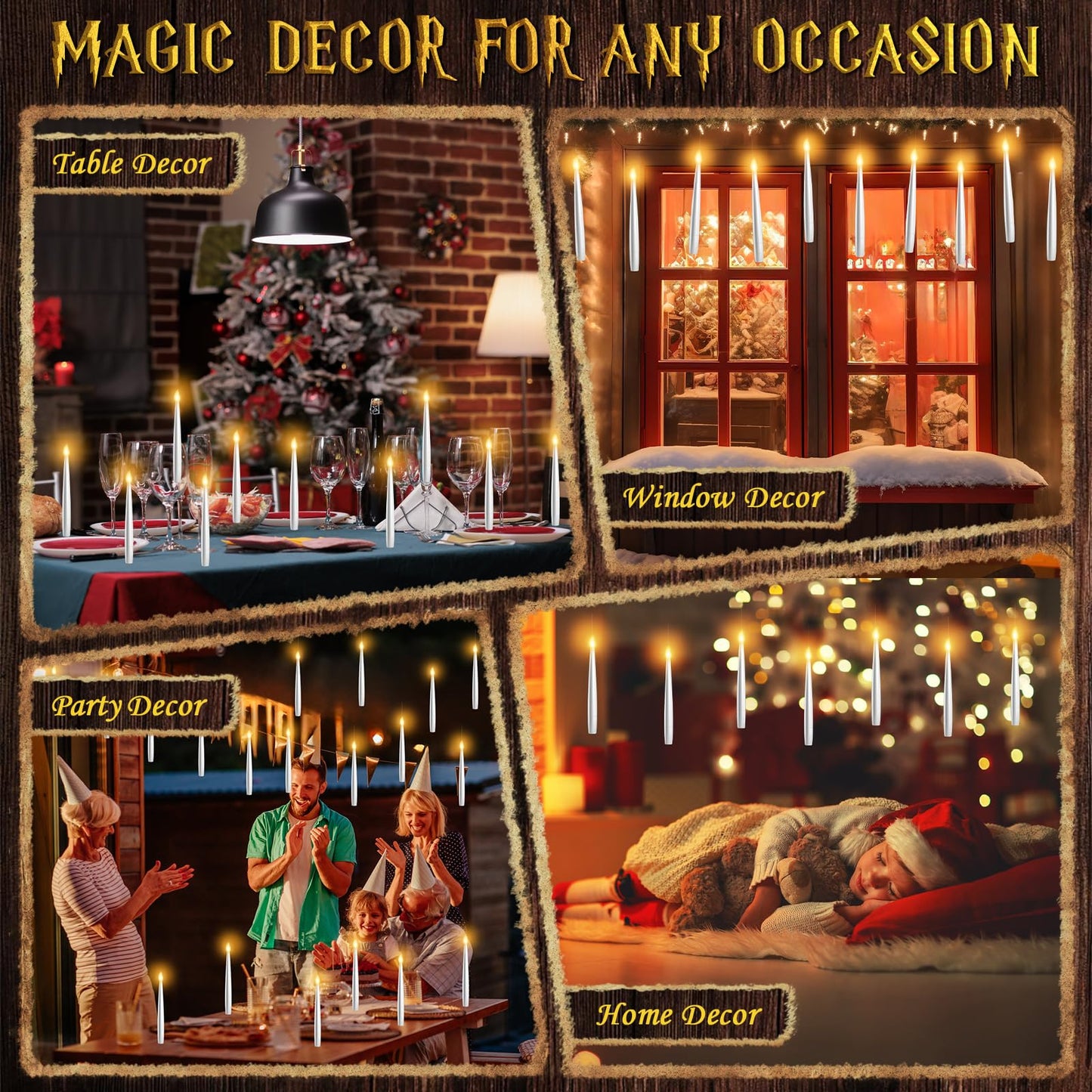Floating Candles with Wand - Christmas Magic Hanging Flameless Candles Taper Candles with Remote for Halloween Window Home Bedroom Birthday Party Decorations (12 PCS White Candles + Golden Wand)