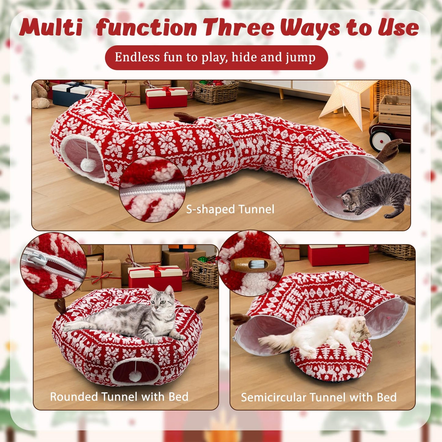 Cat Donut Tunnel for Christmas Tree - Warm Soft Cat Tube Christmas Tree Skirt, Christmas Themed Patterns Cats Red Tunnel Bed with Central Mat Multifunctional Round Pet Cave Toy for Kittens