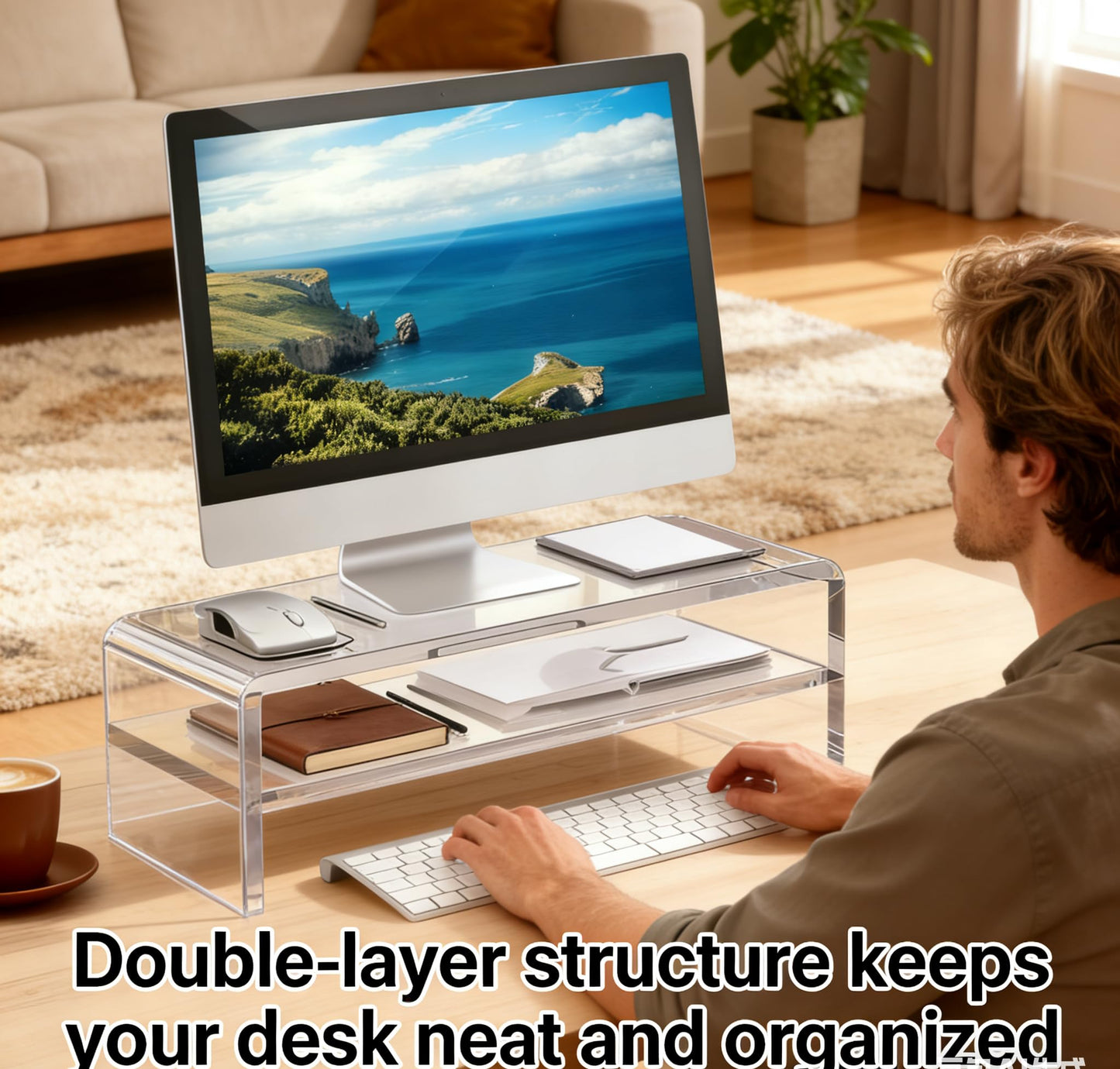 Wymexen Acrylic Monitor Stand, 2 Tier Computer Monitor Stand Riser，Acrylic Computer Monitor Stand Riser for iMac, PC, Desktop, Laptop, TV Screen with Extra Storage Space Home Office (16in)