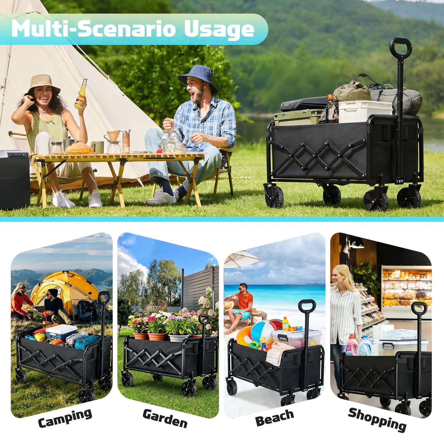 Collapsible Wagon Cart with Wheels Foldable - Lightweight 280LBS Heavy Duty Folding Utility Portable Beach Wagon with All-Terrain Wheels for Groceries Shopping Garden Sports Camping