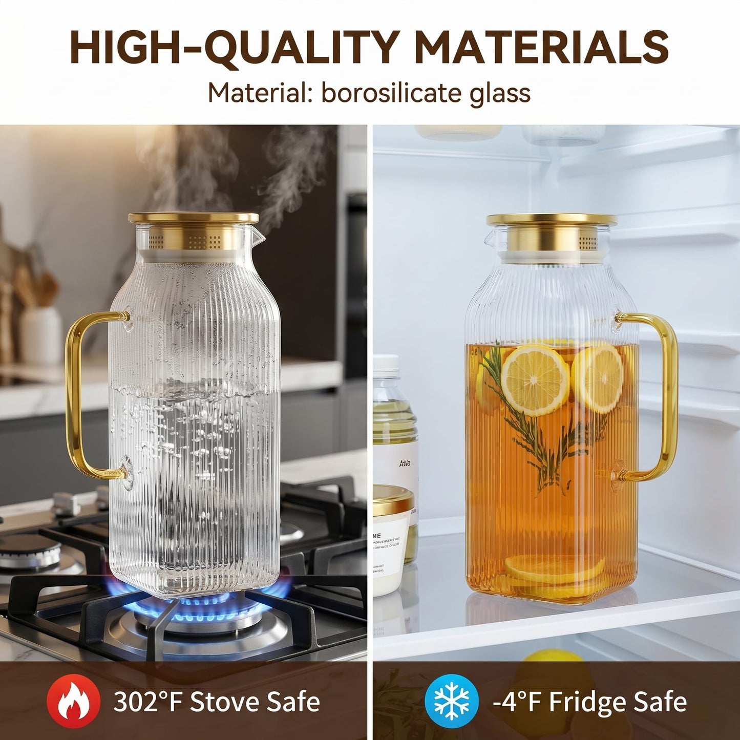 Doubleggs 2 Pack 2 Liter/68 oz Square Glass Pitcher with Lid, Classic Stripes Water Pitchers with Handle for Fridge, Borosilicate Glass Carafe for Iced Tea, Coffee, Hot and Cold Drinks