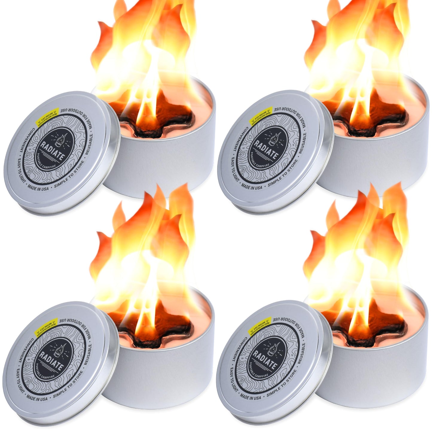 Radiate - 4 Pack Outdoor Portable Campfire - 2 Hours of Warmth and Burn Time - 4” Reusable Fire Pit for Camping, Smores, Cooking & Picnics - Recycled Soy Wax - Portable Fire Pit for Camping