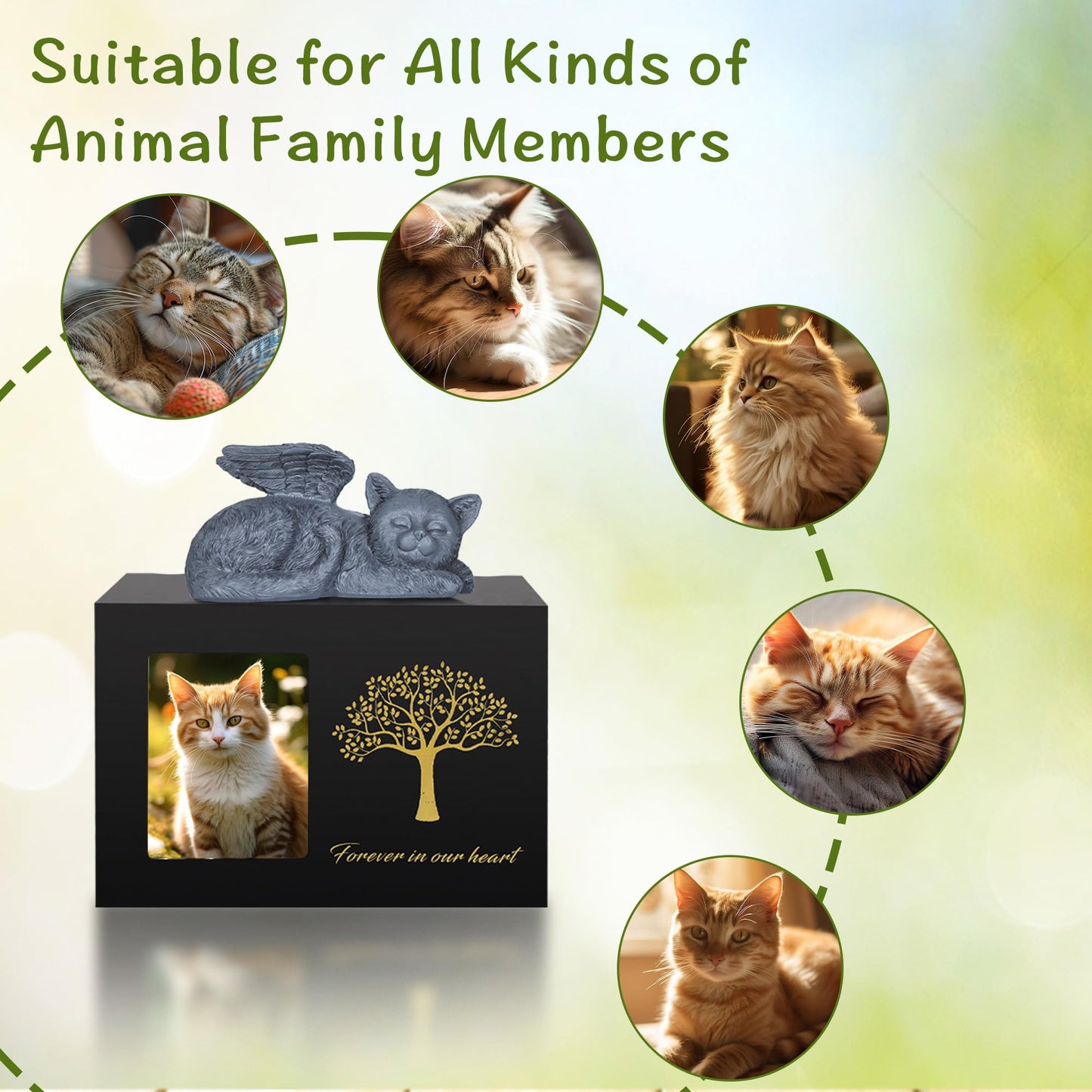DiDiBirDi Pet Urns for Cats, Tree Pattern Wooden Keepsake with Photo Frame, Pet Ashes Keepsake Memory Box with Resin Animal Statue and Sealed Storage Bags (75lbs)（Black）