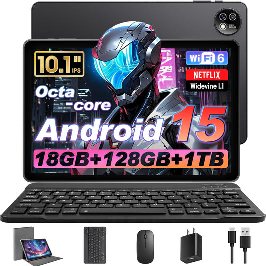 Android 15 Tablet 10 Inch with Keyboard Mouse, Octa-core CPU,RAM 18GB, ROM 128GB (Up to 1 TB), 800x1280 Widevine L1, WiFi 6 & Bluetooth 5.4, Dual Speakers, 5MP+8MP, 6000mAh, GPS