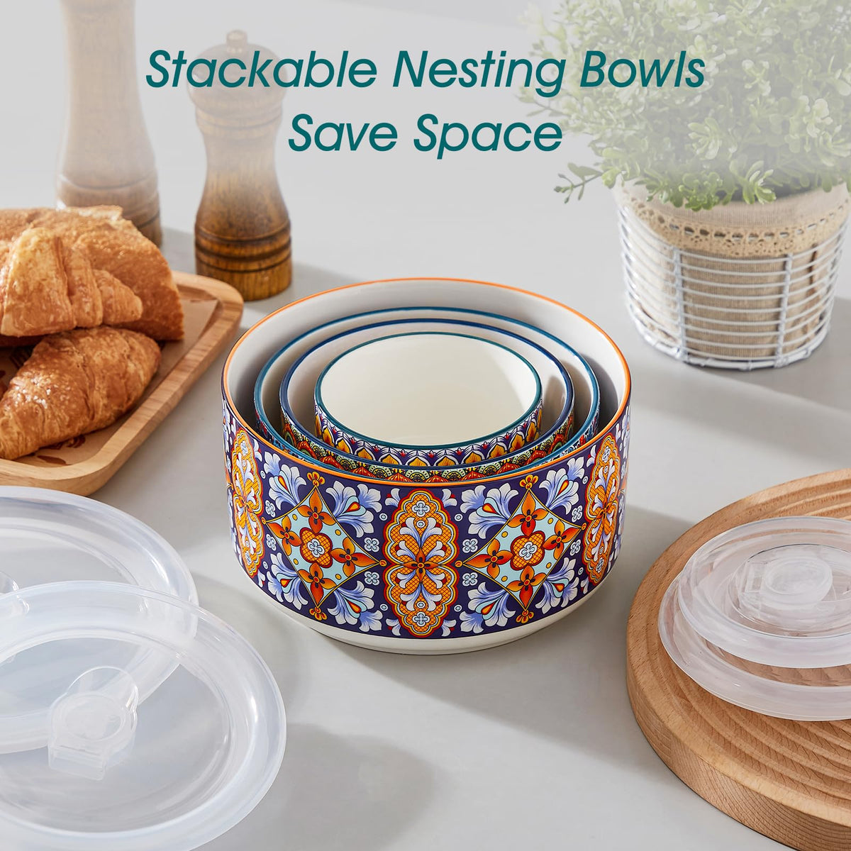vancasso Mixing Bowls with Lids Set of 4, Ceramic Nesting Bowls Serving Bowl for Food Storage, Microwave and Dishwasher Safe, 1800/1080/600/300 ML, Series SIMI