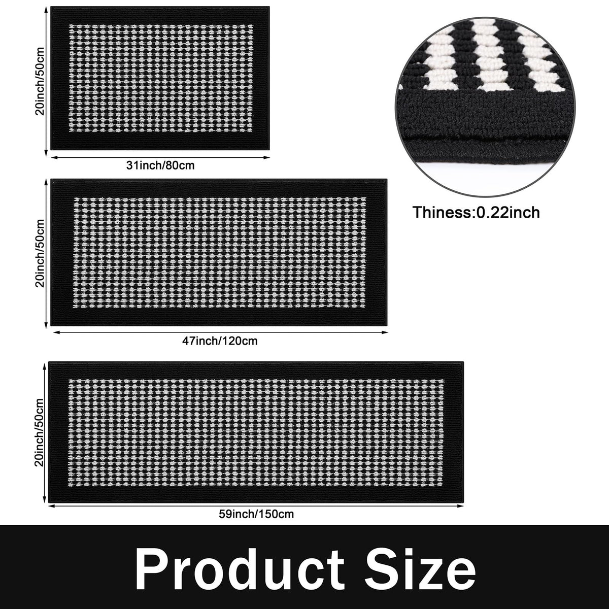 Ileading Kitchen Mat Sets 3 Piece Minimalist 3D Lattice Kitchen Floor Rugs with Non Slip Rubber Backing Machine Washable Farmhouse Runner Rugs for Laundry Hallway Doormat(Black)