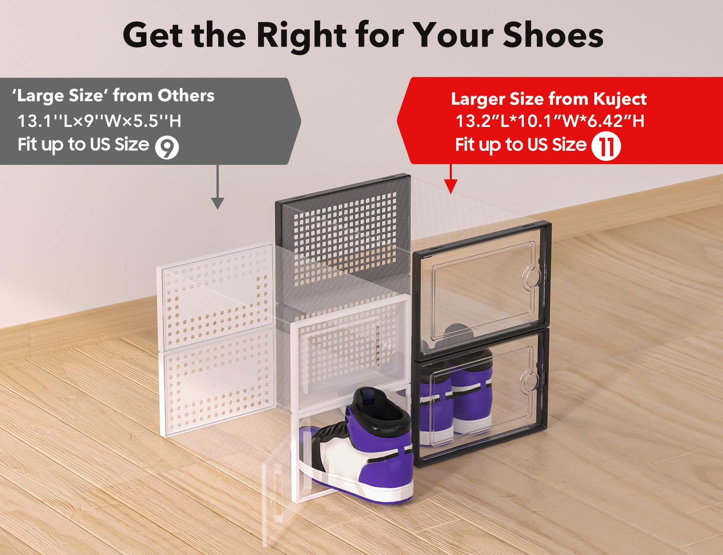 Kuject X-Large Shoe Storage Organizers,12-Pack Clear Plastic Stackable Shoe Boxes, Shoe Rack Cabinet Substitute, Sneaker Containers, Toy Storage Bins for Entryway, Closet, Under Bed, Garage, Black