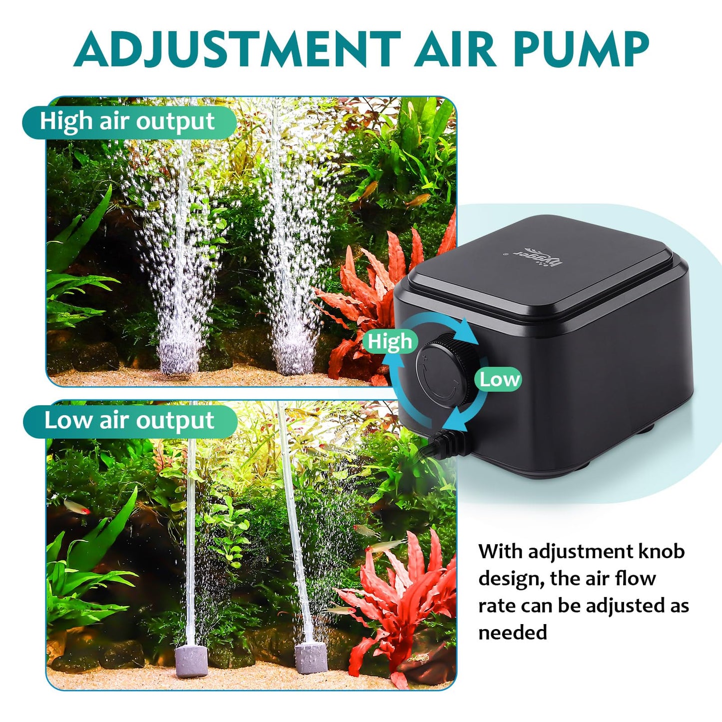 hygger Quietest Aquarium Air Pump, Adjustable Oxygen Pump 2 Air Outlets Ultra Silent Powerful Aerator Pump (3.5W,Up to 120Gallon)