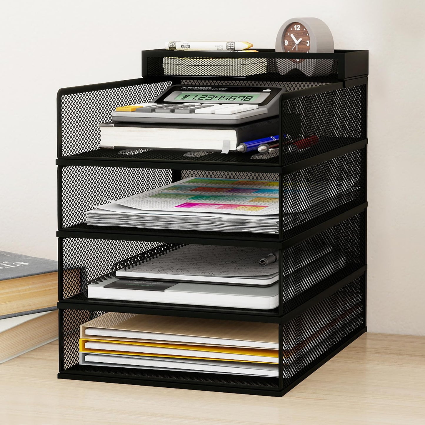 Natwind 4 Tier Stackable Paper Trays for Letter Documents, Desktop File Organizers for Office Supplies, Metal Mesh Desk Organizer，Office Organizer，Letter Trays for Home, Office, School，Black