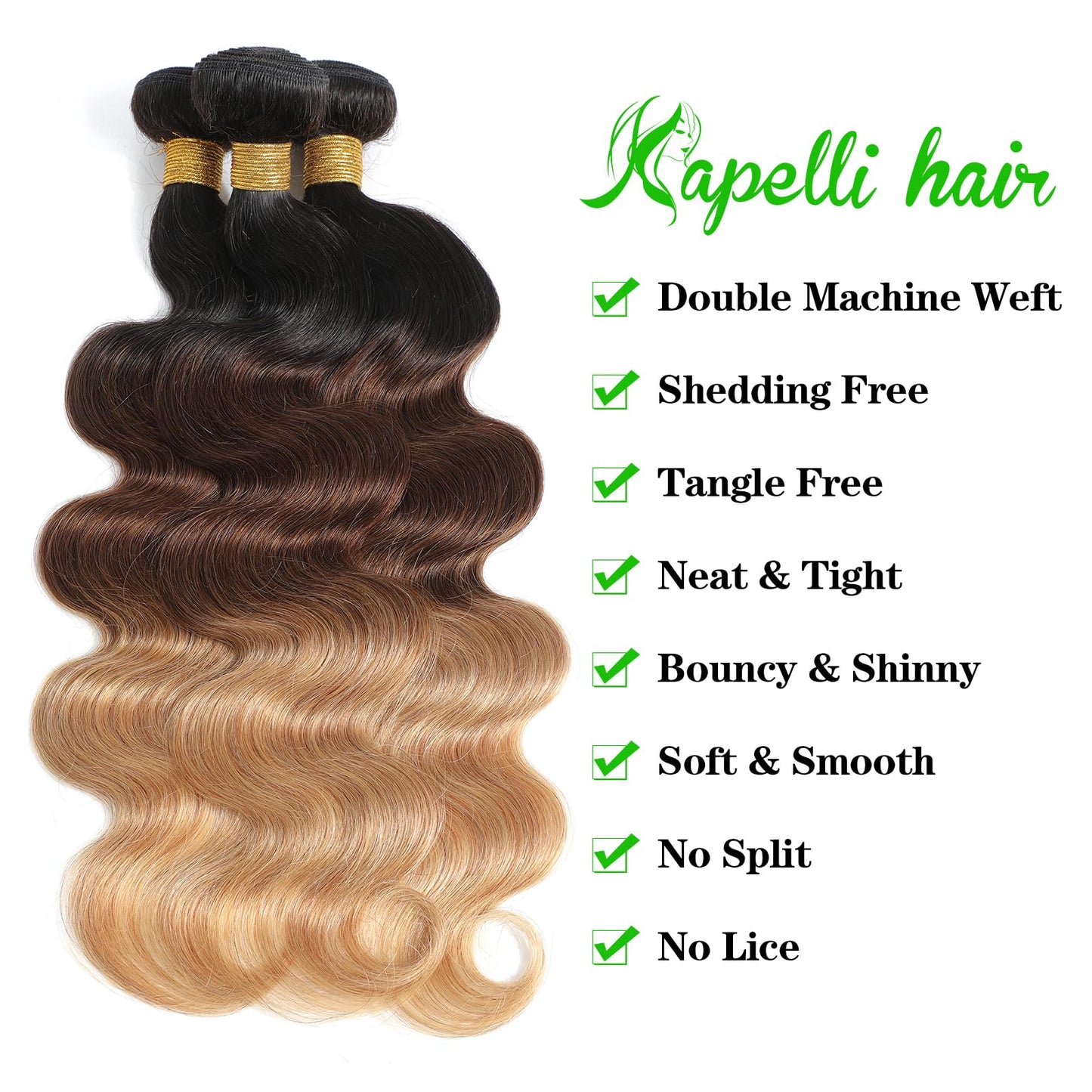 Kapelli Hair 10A Ombre Human Hair Bundles Ombre Brazilian Hair Body Wave (T1B/4/27,14" 16" 18") Ombre Brazilian Human Hair 100% Unprocessed Virgin Remy Hair Bundles 3 Tone Black to Blonde Human Hair Weave