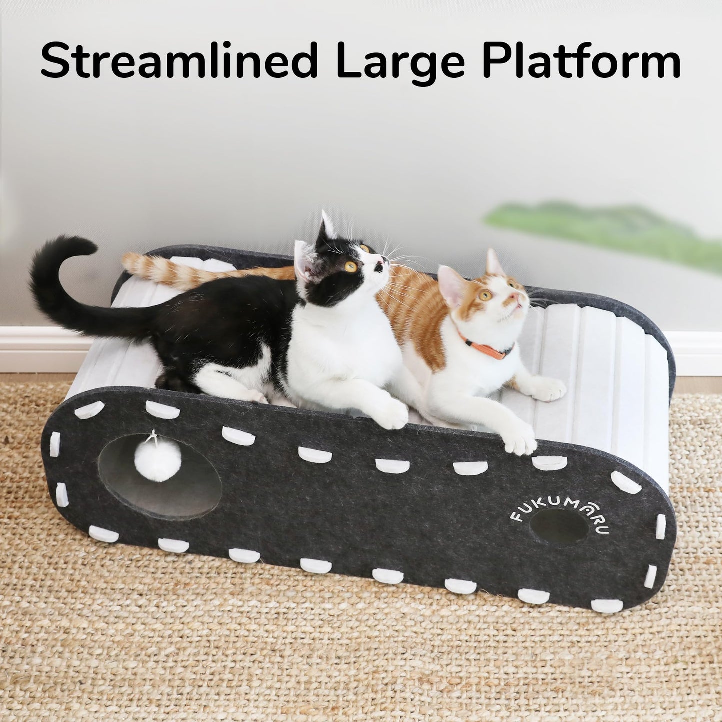 FUKUMARU Cat Beds for Indoor Cats, Large Cat Cave for Multi-Pet Up to 22Lbs, Foldable Cat House with Fluffy Ball Hanging, Scratch Resistant Felt Cat Hideaway, 31.5x11.2x11.6 inches, Black and White