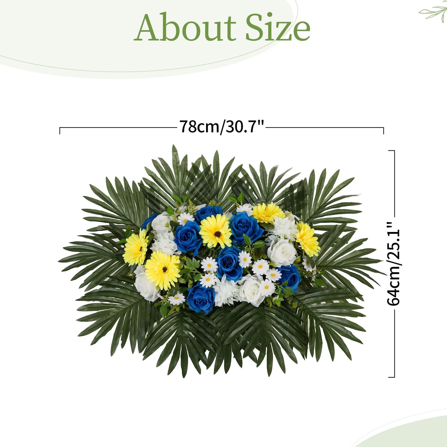 Memobloom Headstone Flower Saddle for Grave - Artificial Memorial Day Cemetery Flowers Silk Funeral Sympathy Floral Arrangements for Outdoor Gravestone Decorations(Yellow White Royal Blue)