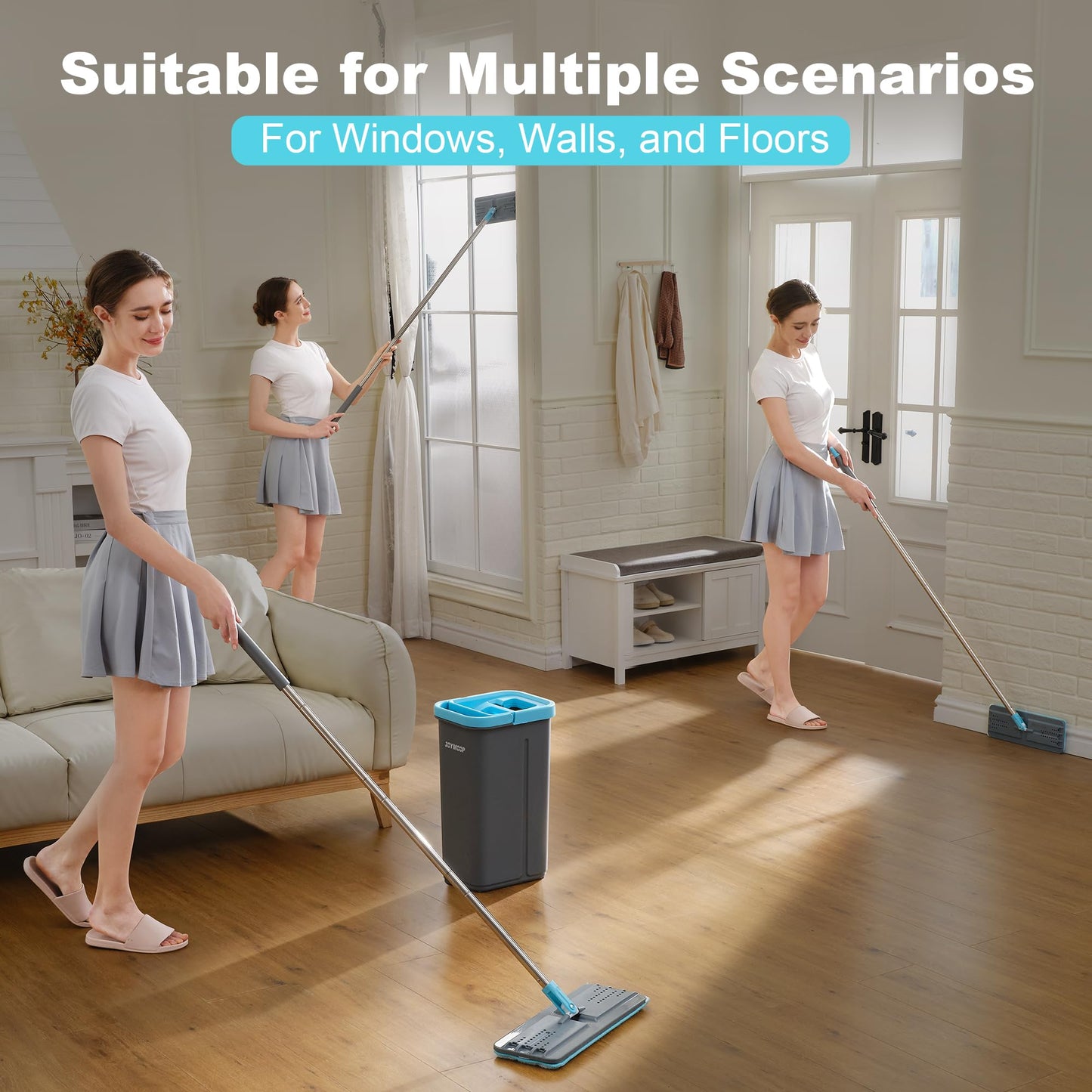 JOYMOOP Mop and Bucket Set with Wringer, with 5 Reusable Microfiber Mop Pads, mops for Floor Cleaning and Wall Cleaning, Hands-Free Flat mop for Home use - Grey+Cyan Blue