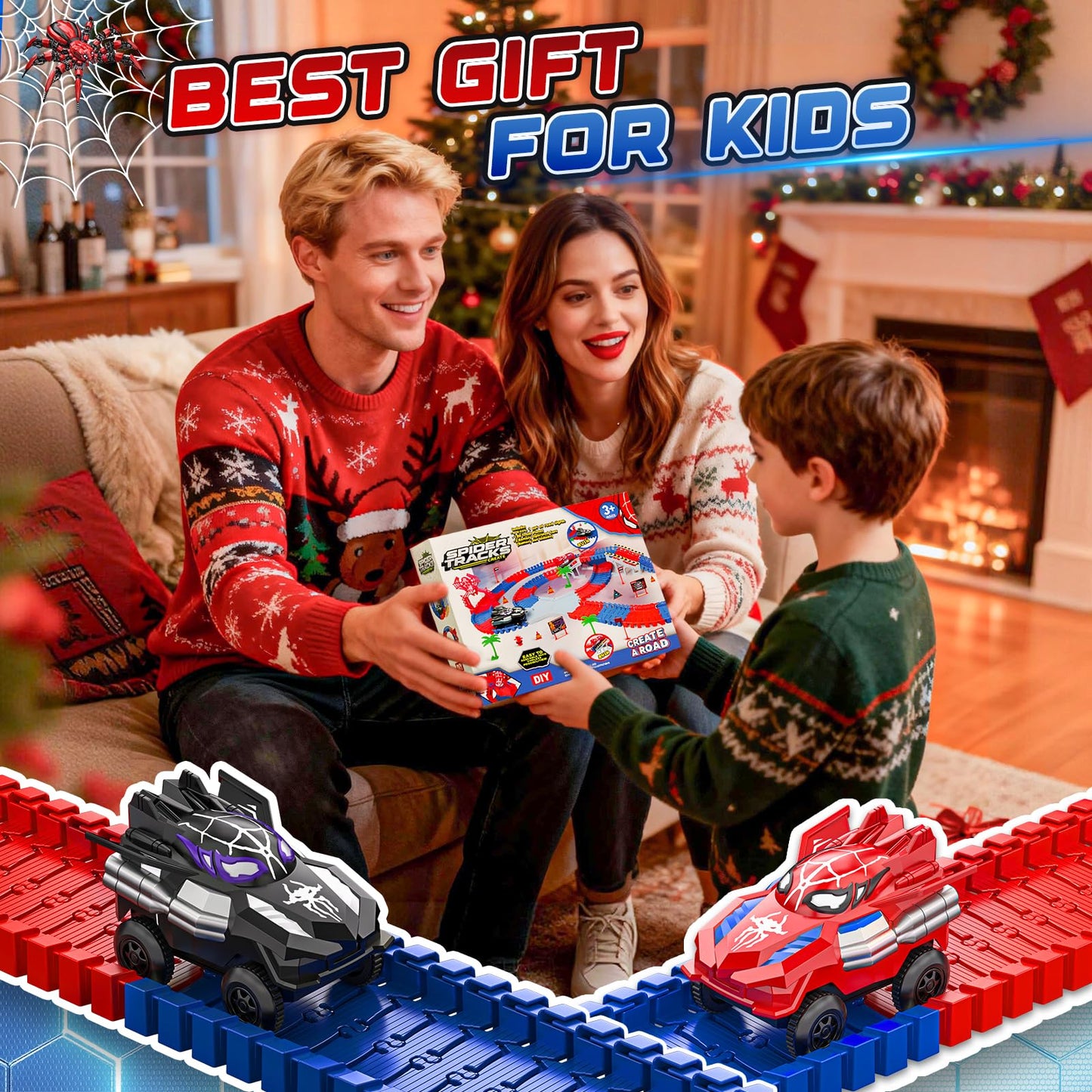 Spider Race Track Toys for Boys 4-6 - Monster Truck Toys for 3 4 5 6 7 8 Year Old Boys Girls, Toddler Tracks Playset with 2 Electric Spider Cars, Kids Christmas Birthday Gifts Age 3-4 3-5 6-8 (212PCS)