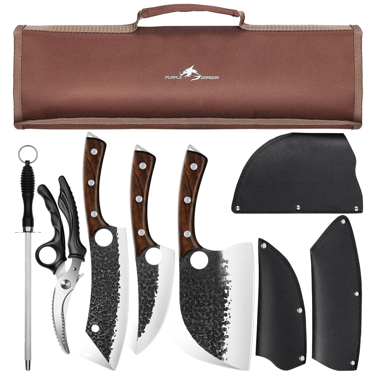 Purple Dragon 6 PCS Chef Knife Set,High Carbon Steel Cleaver,Hand Forged Meat Boning Knife,Carving Butcher Knife with Accessories for Kitchen, BBQ Camping Knives Set with Roll Bag Ideal Christmas Gift