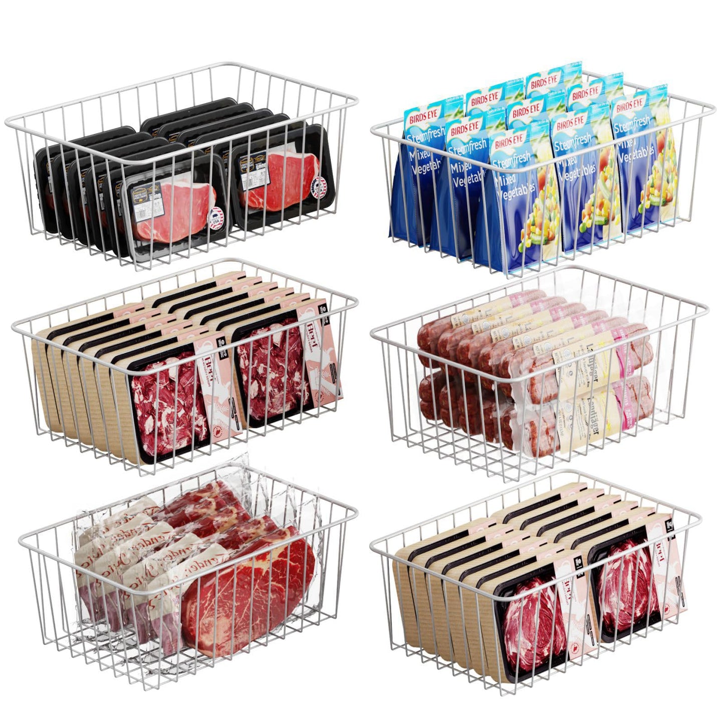 iSPECLE 6 Pack Upright Freezer Organizer Bins for 11 Cu.Ft, Heavy Duty Wire Storage Baskets with Handles, Rust-Resistant Metal Crates for Meat & Veggies, Stand Up Freezer Organization, White
