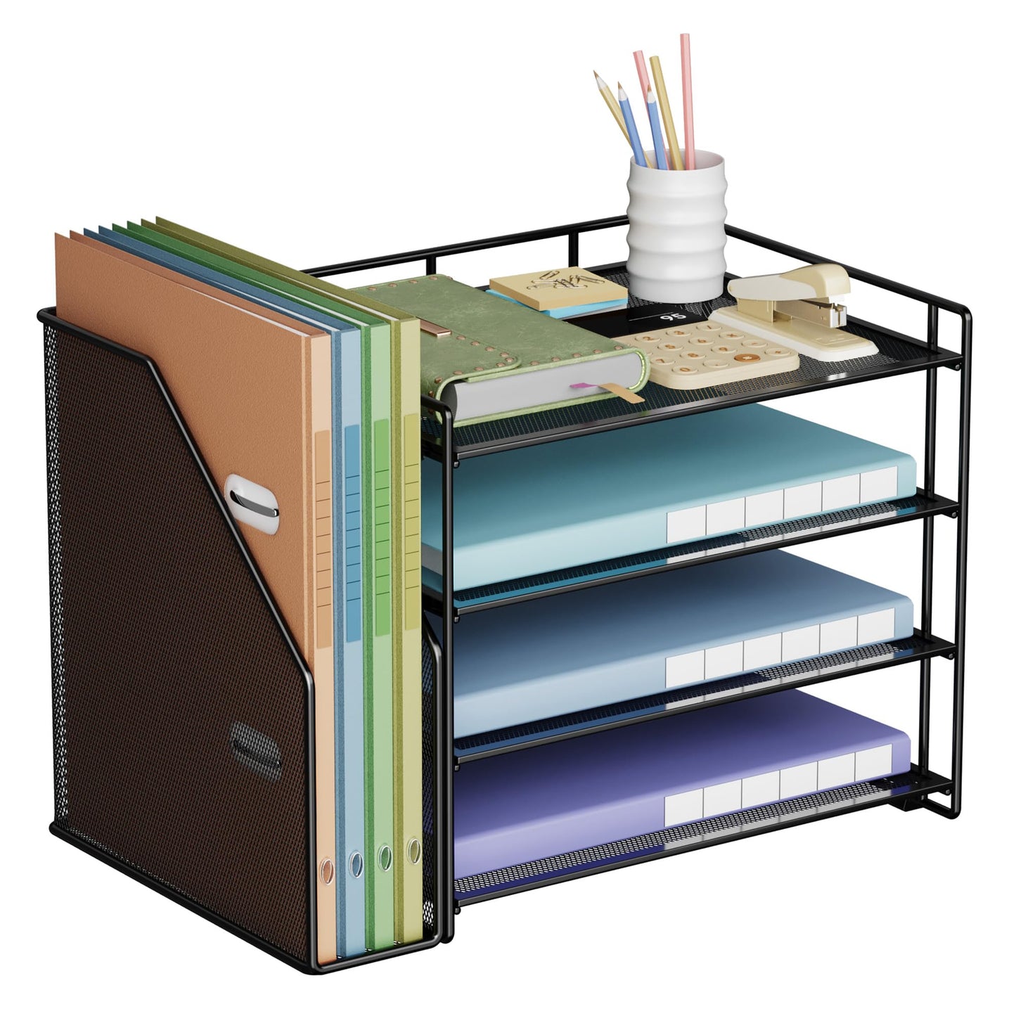 Office Paper Organizer with File Holder, 4 Tier Desk Tidy Organiser with 1 Paper Tray Storage for Magazine, Home, School, Office Stationary Supplies (Black)