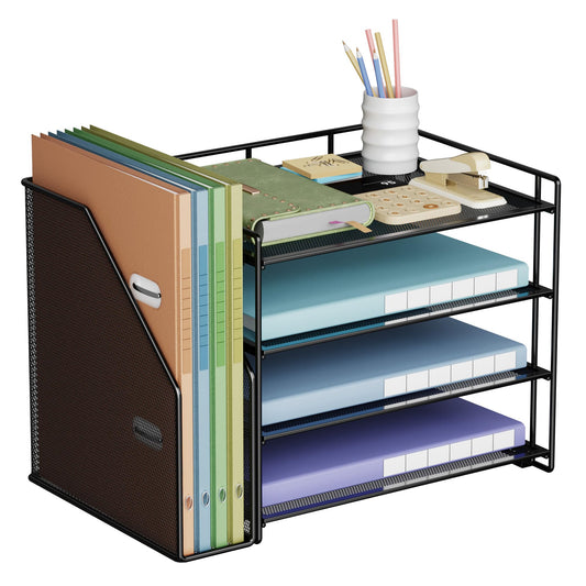Office Paper Organizer with File Holder, 4 Tier Desk Tidy Organiser with 1 Paper Tray Storage for Magazine, Home, School, Office Stationary Supplies (Black)