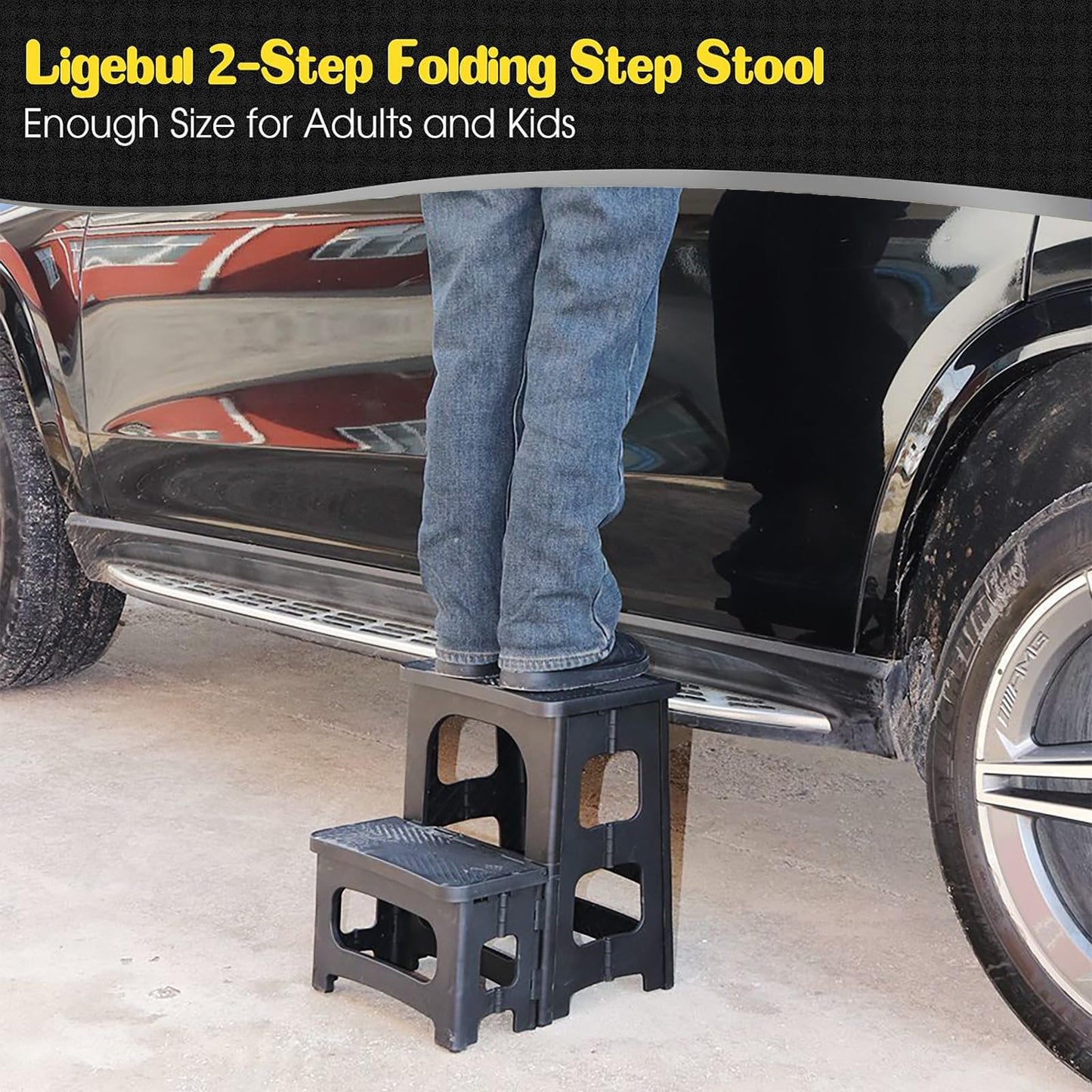 Ligebul 2-Step Stool Foldable, Plastic Steps Stool Folding Step Ladder Two Step Stools Collapsible Step Stools for Adults for Kitchen Home Bathroom RV-Black
