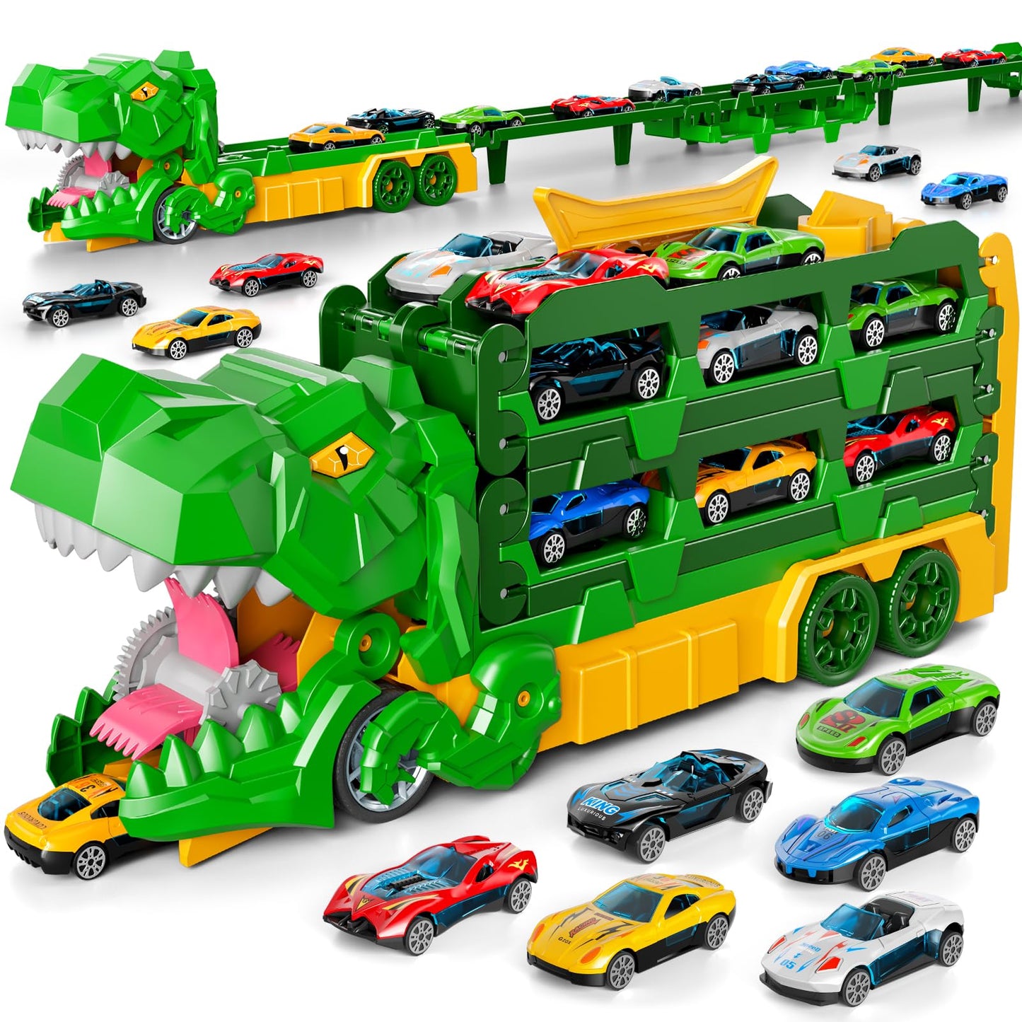 Ci vetch Dinosaur Race Track Toys for Ages 3-4 4-6, 59-inches Transport Dinosaur Truck with 12 Die-cast Cars, Carrier Truck Toy Birthday Gifts Toys for 3 4 5 6 Year Old Boy