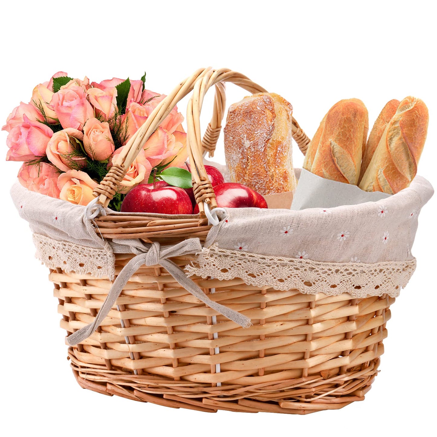 Peohud Wicker Picnic Basket with Handle, Willow Woven Basket with Double Folding Handles and Linen Lining, Large Storage Basket for Easter Egg Gathering, Candy, Gift, Flower Basket for Wedding, Oval