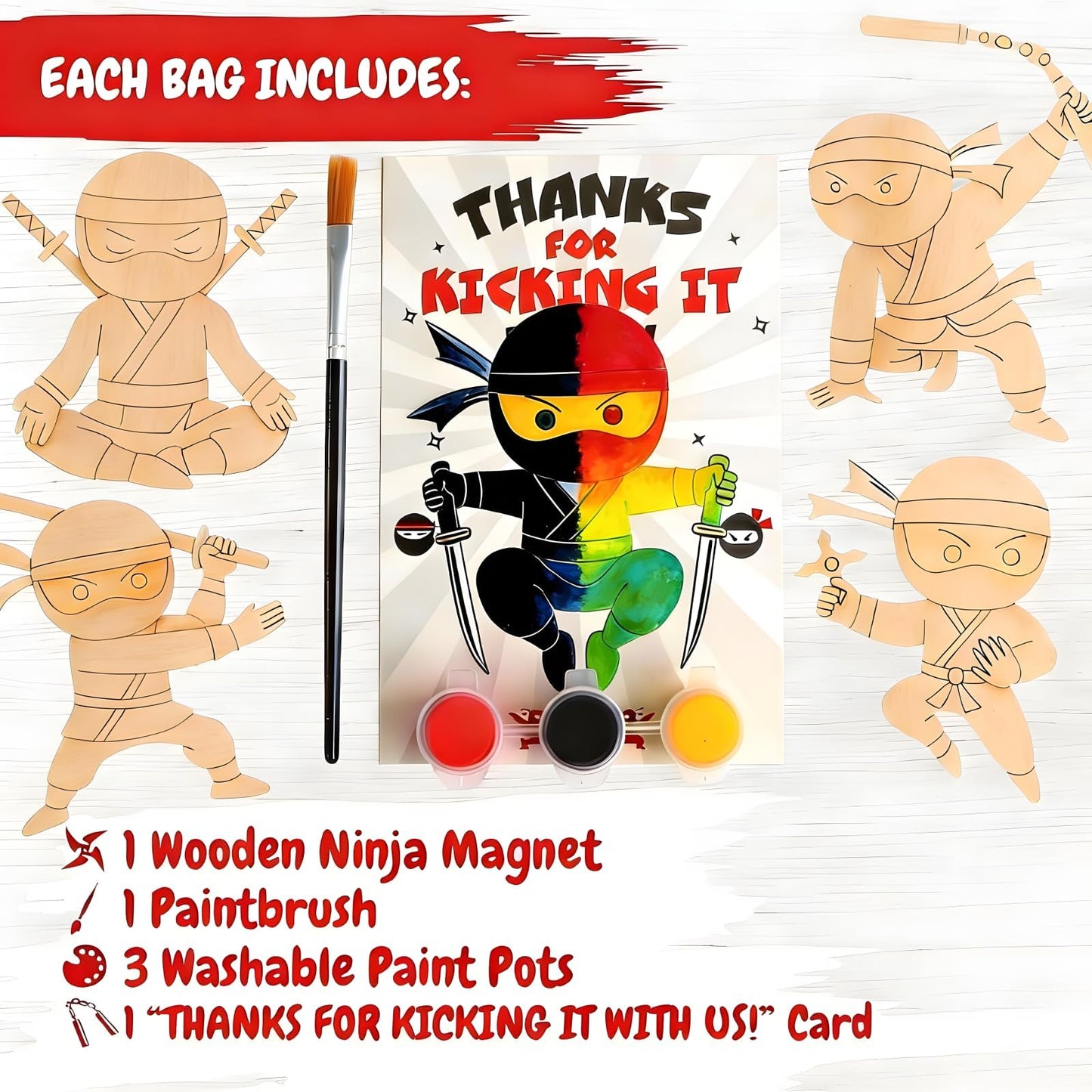 12 Pack Ninja Party Favors for Kids - Individually Wrapped Paint Your Own Wooden Magnet Craft Kits with Thank You Card, Stealthy Birthday Decorations for Boys & Girls