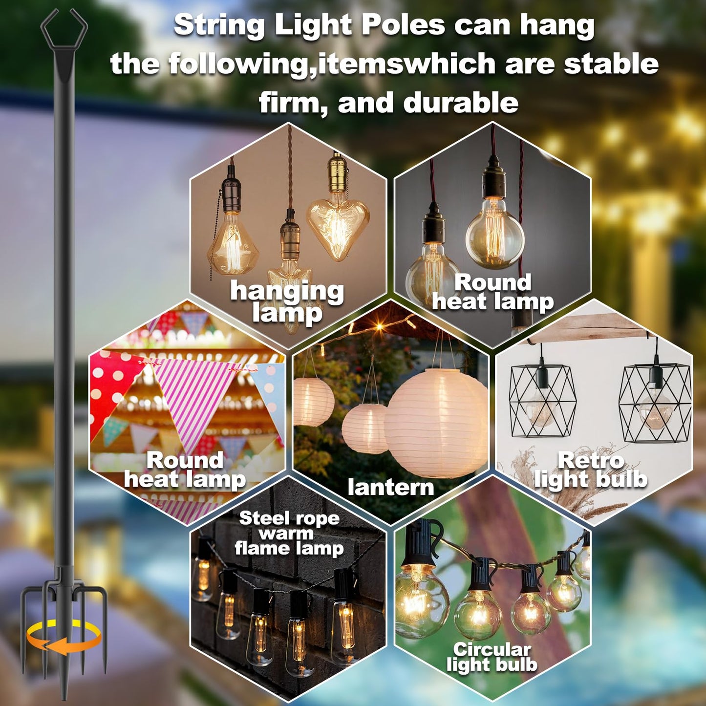 6 Pack 10 ft Heavy Duty Metal String Light Poles Adjustable Outdoor Lighting Stand for Patio,Backyard,Garden,Party & Wedding Rustproof & Sturdy with Hooks (6 Pack)