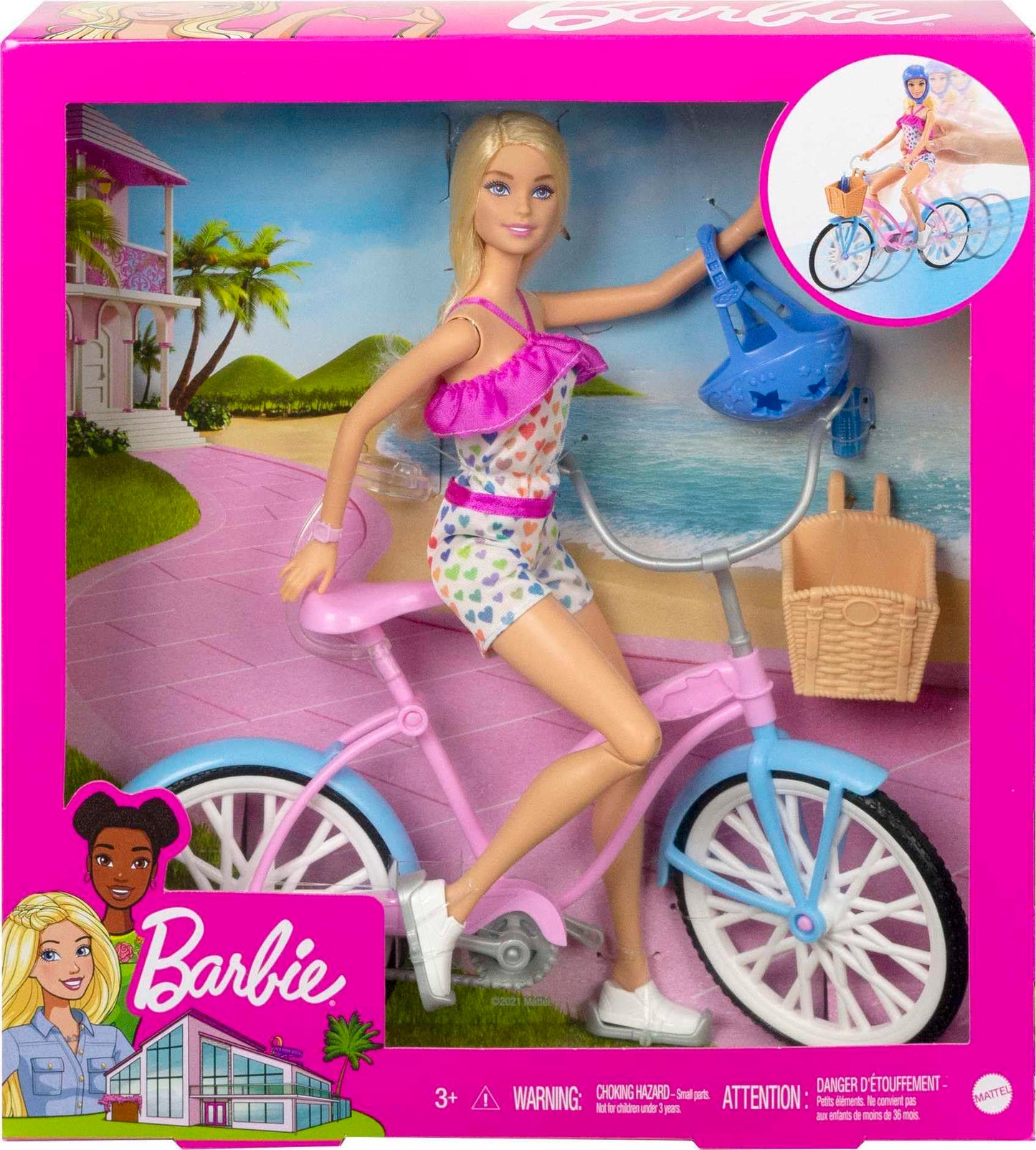 Barbie Doll and Bike Playset with Doll (11.5 in, Blonde), Bicycle with Rolling Wheels & Water Bottle Accessory, Toy for 3 to 7 Year Olds