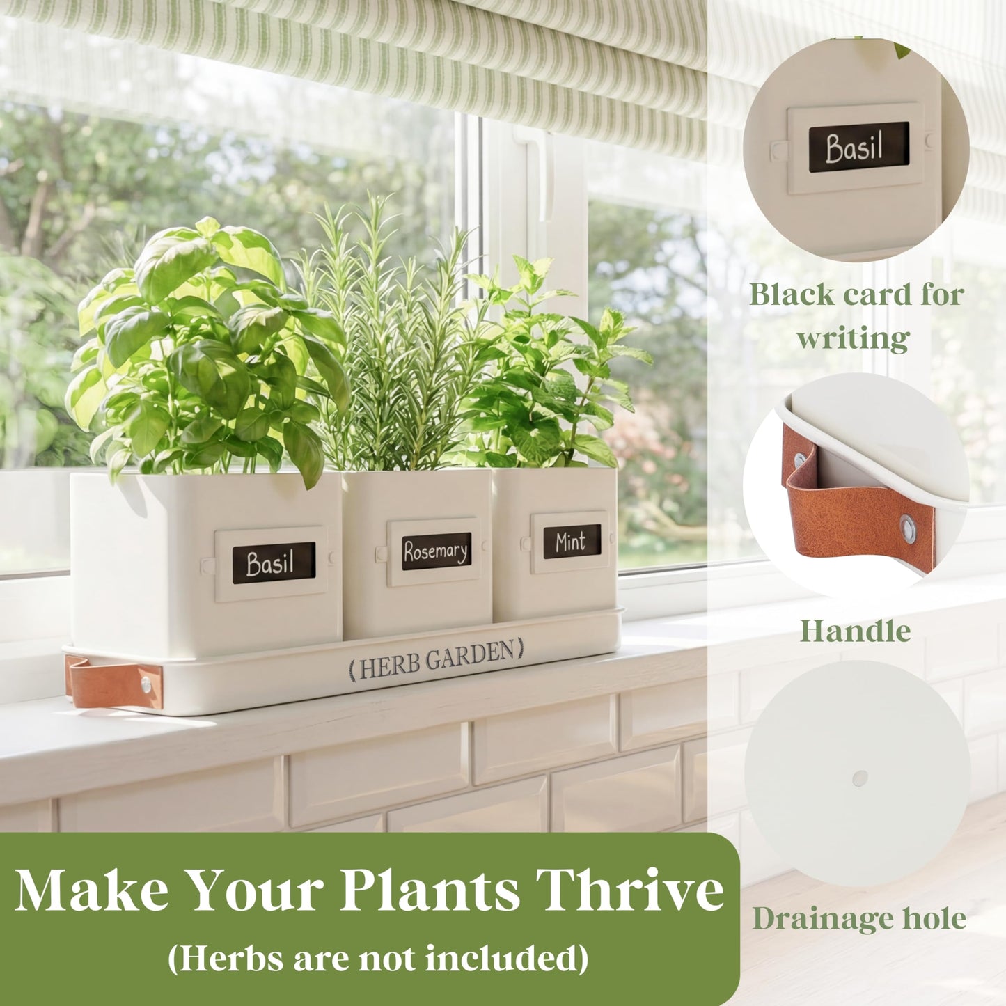 Perfnique Indoor Herb Garden, Herb Planter Set with Tray, Farmhouse Indoor Plant Pots, Windowsill Herb Garden with Drainage(Planter only) for Indoor/Outdoor, Window Pots (White)