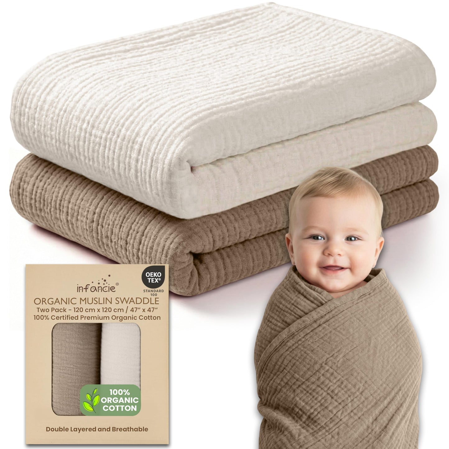 Infancie 100% Organic Cotton Baby Muslin Blanket 120 X 120 CM Baby Blankets Pack of 2 Soft Breathable Lightweight Gentle On Baby Skin Large Receiving Blanket for Newborns and Infants Daily Use