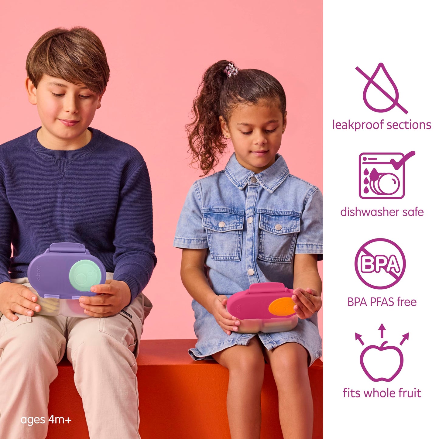 b.box Snack Box (2-Pack) for Kids & Toddlers: 2 Compartment Snack Containers, Mini Bento Lunch Box. Leak Proof, BPA Free, Dishwasher Safe. Ages 4 Months+ (Strawberry Shake + Lilac pop, 12oz Capacity)