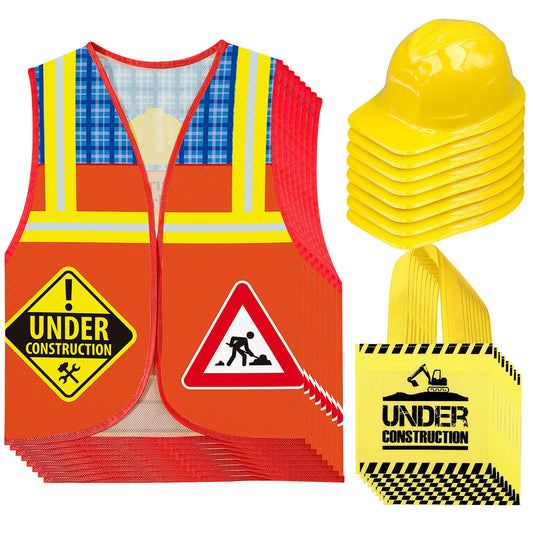 24 Pcs Party Supplies Set, 8 Construction Vests | 8 Construction Hats | 8 Tote Bags for Kids Dress up Birthday Party (SIGNS)