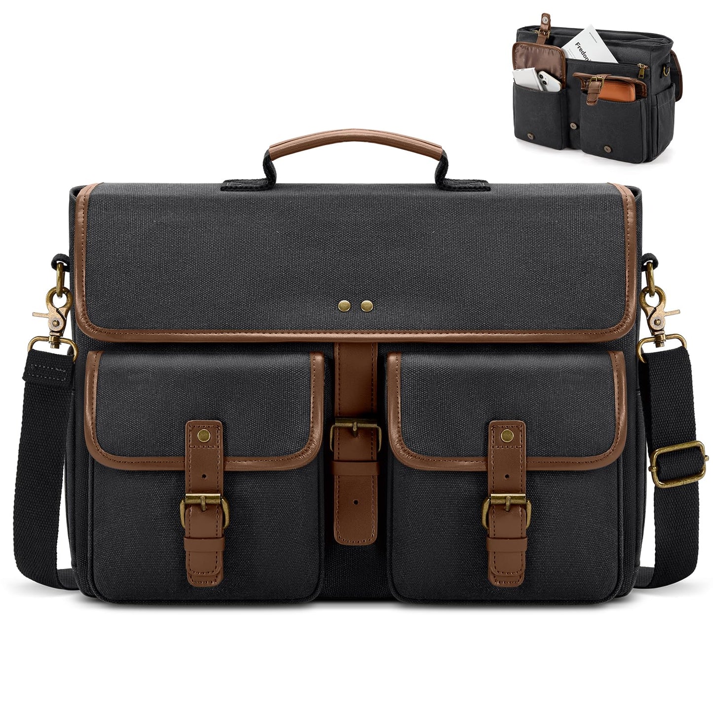 RAINSMORE Messenger Bag Men Canvas 15.6 Inch Computer Laptop Bag Waterpfoof Satchel Bags for Men Work Office, Black