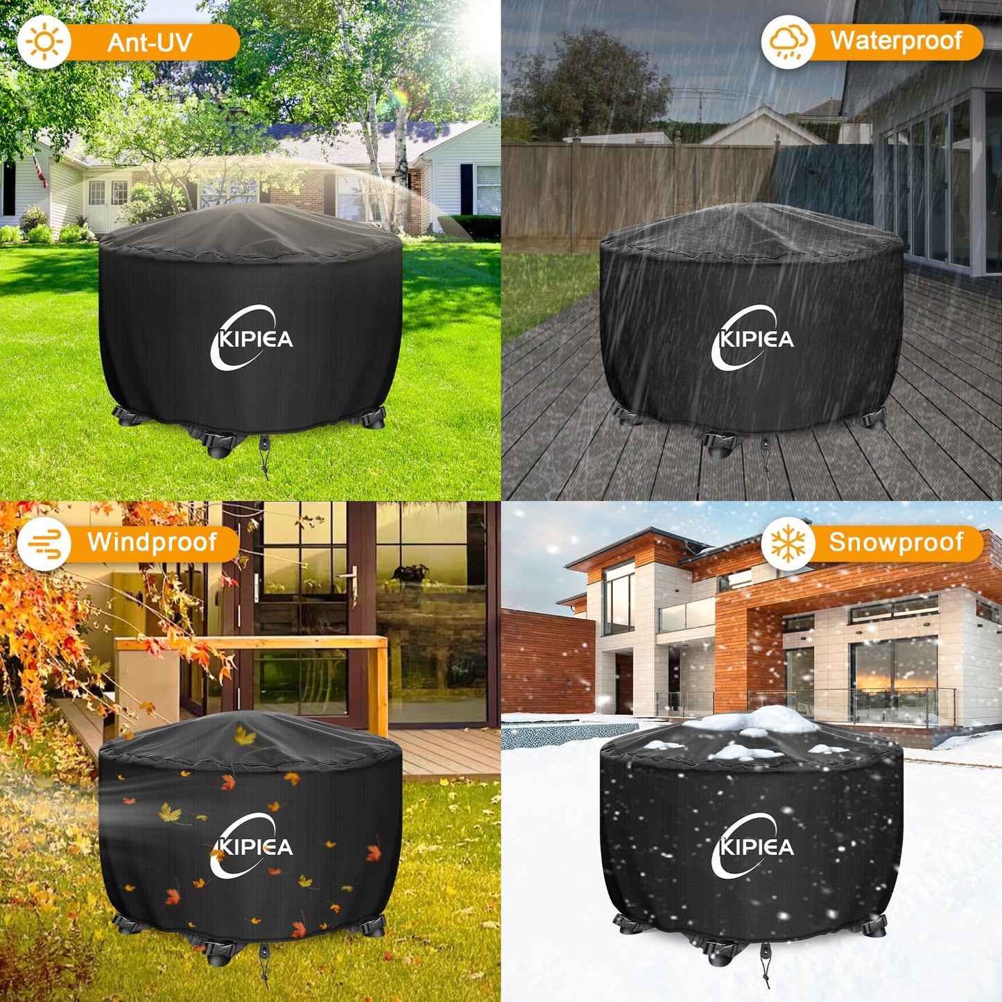 Kipiea Round Fire Pit Cover - Heavy Duty Strong Tear and UV Resistant, 100% Waterproof Outdoor Firepit Cover for 36" D x 24" H Round Patio Fire Bowl