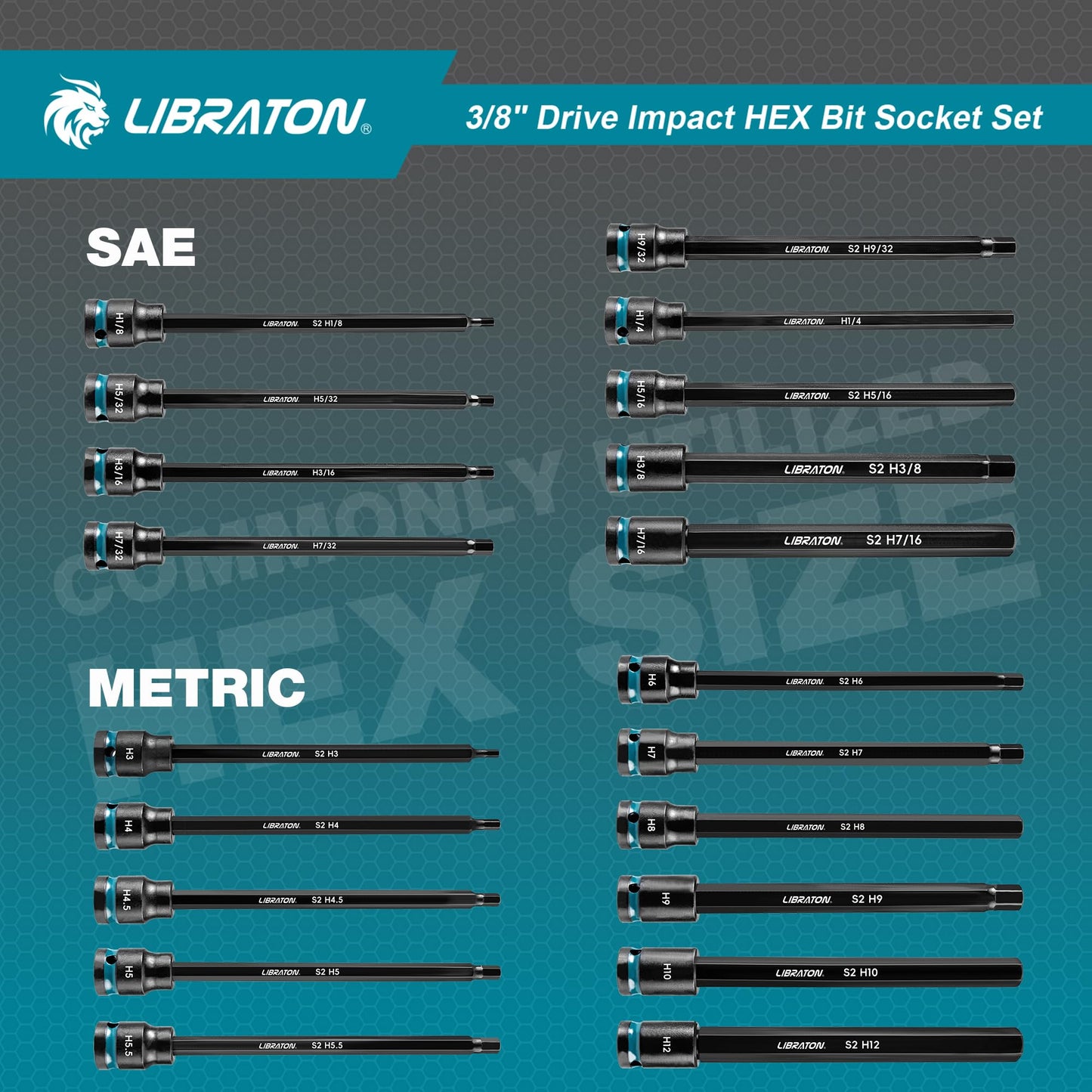 LIBRATON 3/8" Drive Long Impact Hex Bit Socket Set, Allen Bit Sockets, S2 Steel Hex Head Sockets, 20PCS Allen Wrench Socket, SAE&Metric Allen Bit Socket Set, 6" Long Allen Key Sockets, Blow Molded Box