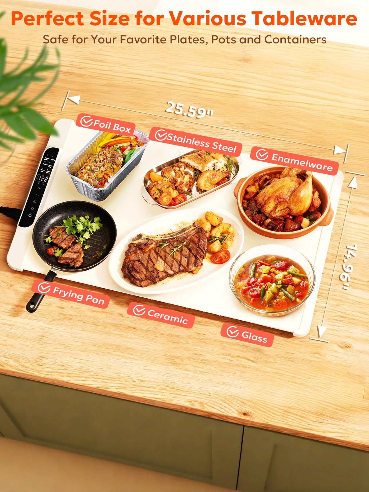 Food Warming Mat, Silicone Warming Tray, Whole-Surface Heating Pad, Rollable Food Warmer, Adjustable 50-100°C (122-212°F), 10H Timer & Child Lock, Party and Christmas, Warming Mat for Food (Beige)