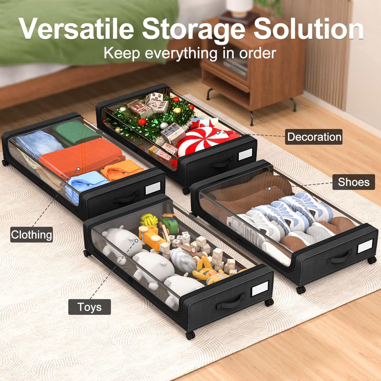 GoMaihe Under Bed Storage with Wheels: 48L Underbed Storage Bins with Lids - Rolling Rangement Vetement sous le Lit - Containers for Clothes Shoes in Bedroom - Easy Pull-out Black 2-Pack