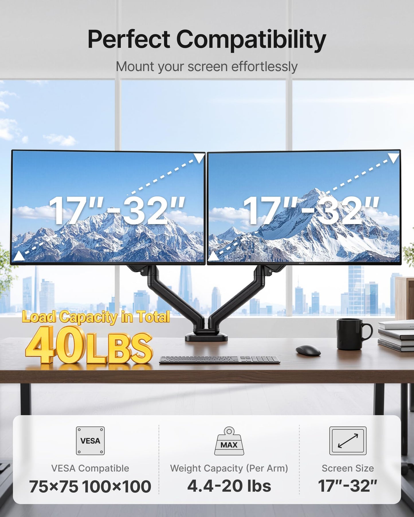 monTEK Heavy Duty Dual Monitor Arm for 17-32” Flat/Curved Screens, Premium Mechanical Spring Monitor Arm up to 19.8 lbs, Full Motion Monitor Desk Mount with Quick-Release VESA 75/100mm, Clamp/Grommet